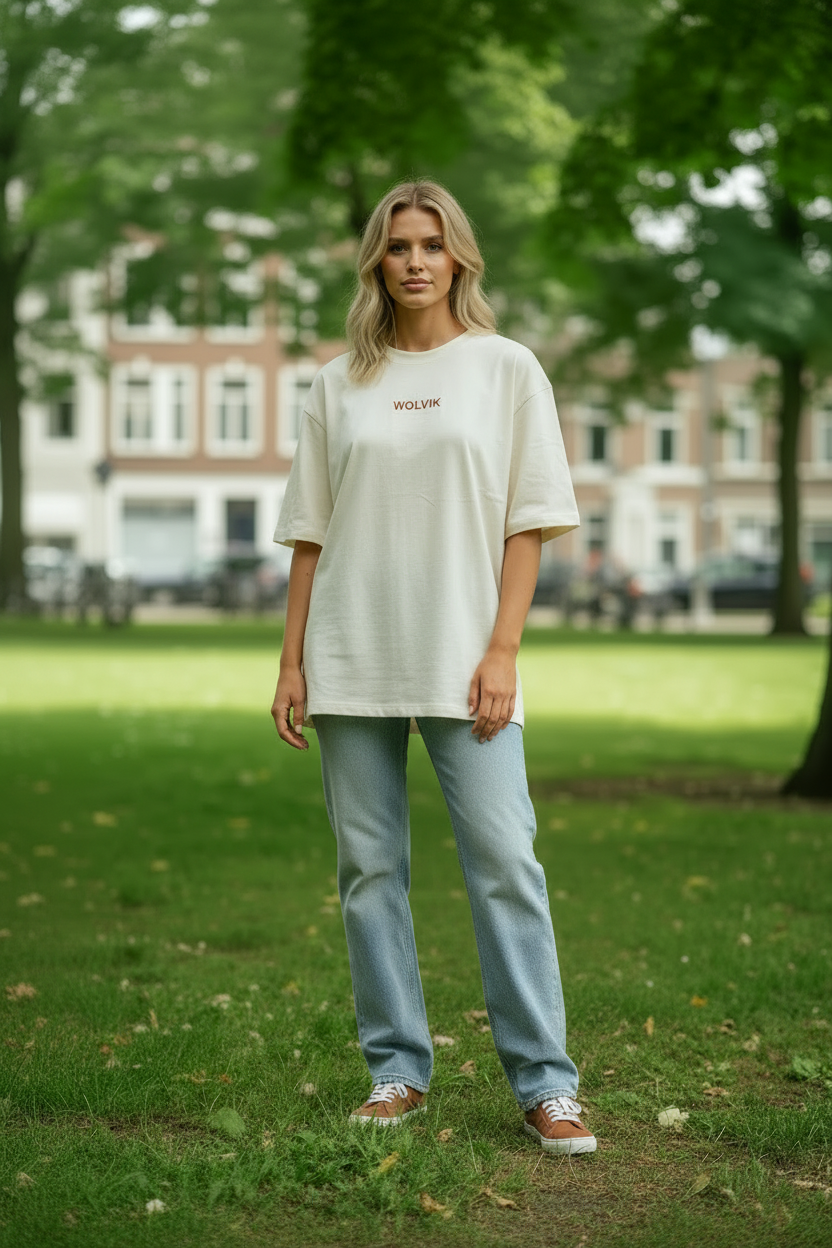 Blond model vooraanzicht loose fit WOLVIK