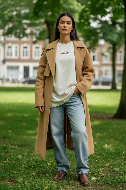 Brunette dame met jas WOLVIK cream tee