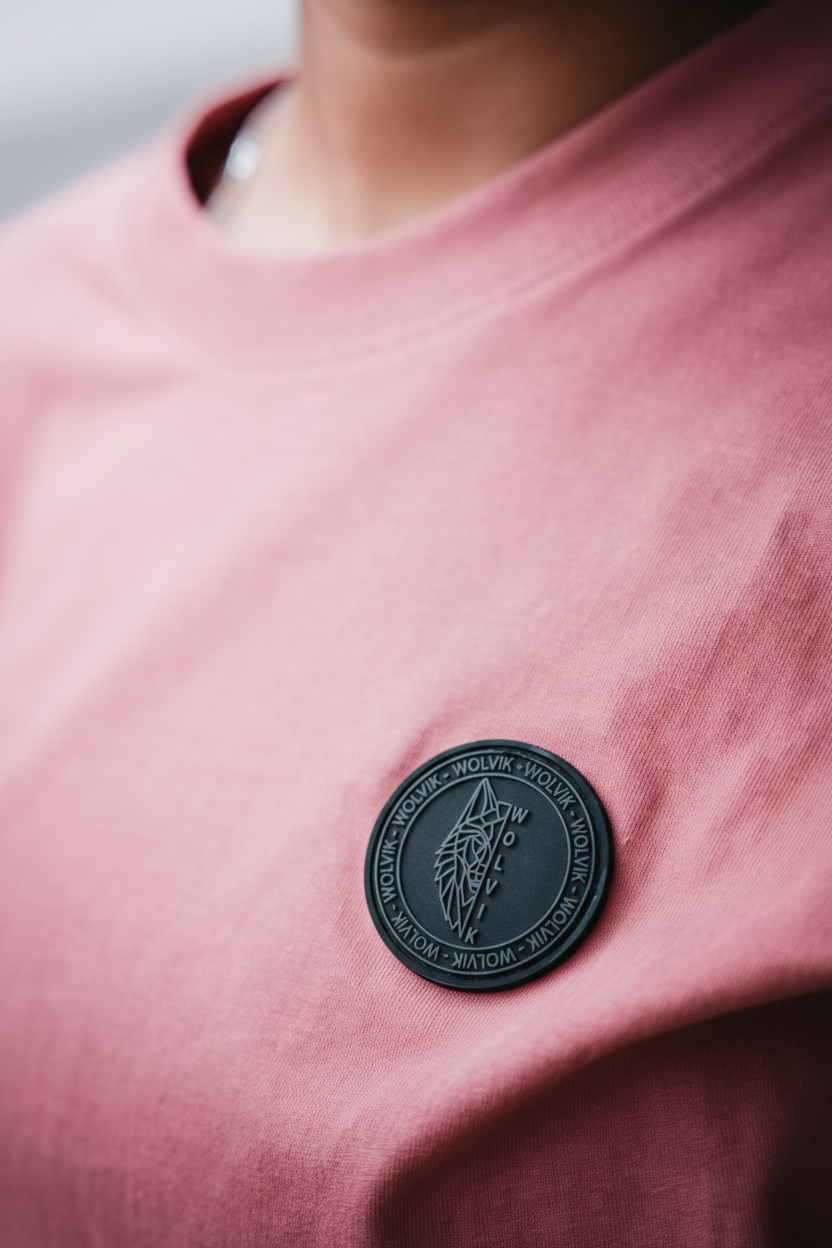 Close-up roze tshirt met Wolvik badge
