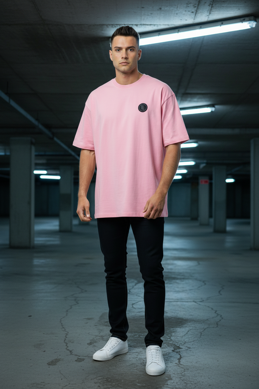 Man slim jeans roze tee parkeergarage